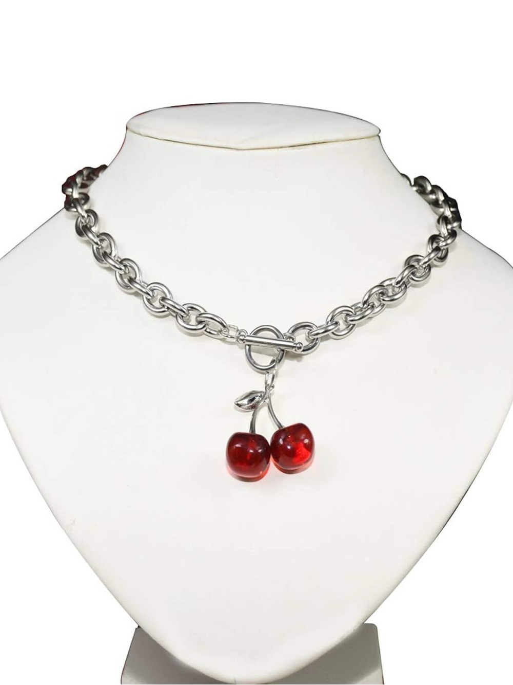 Silver Chain Necklace with Red Cherry Pendant